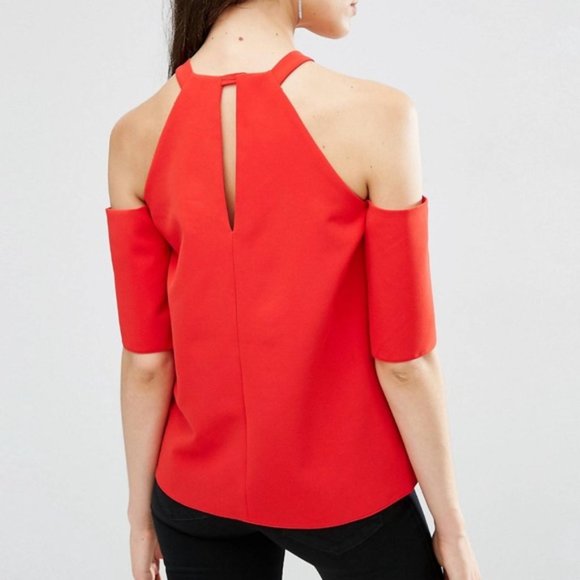 Asos Summer Fall Preppy Casual Chic Cold Shoulder Crepe Tank Top Red Size 8 - Picture 2 of 11